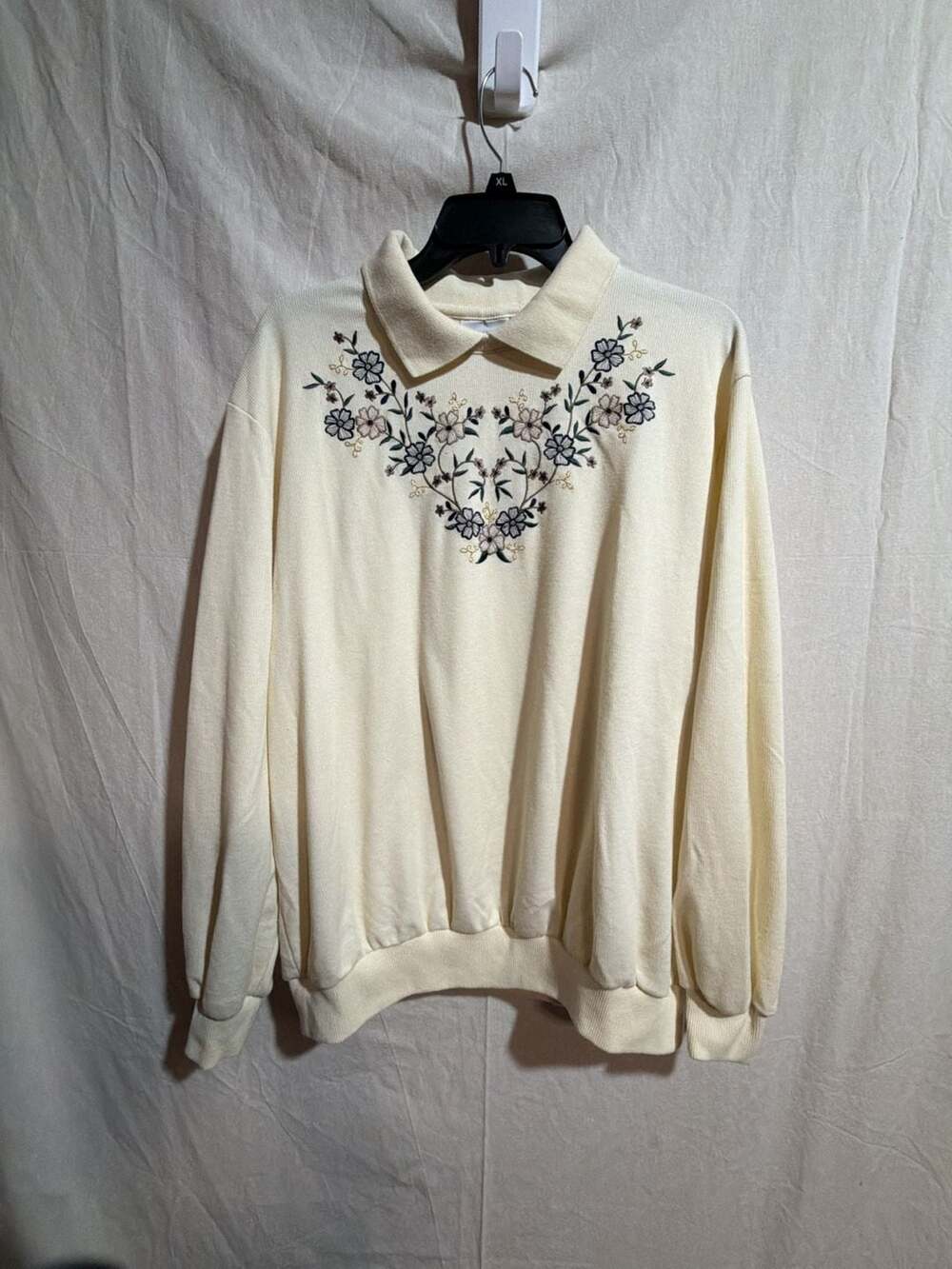 BonWorth Vintage Collar Floral Embroidered Sweater Size XL Ivory